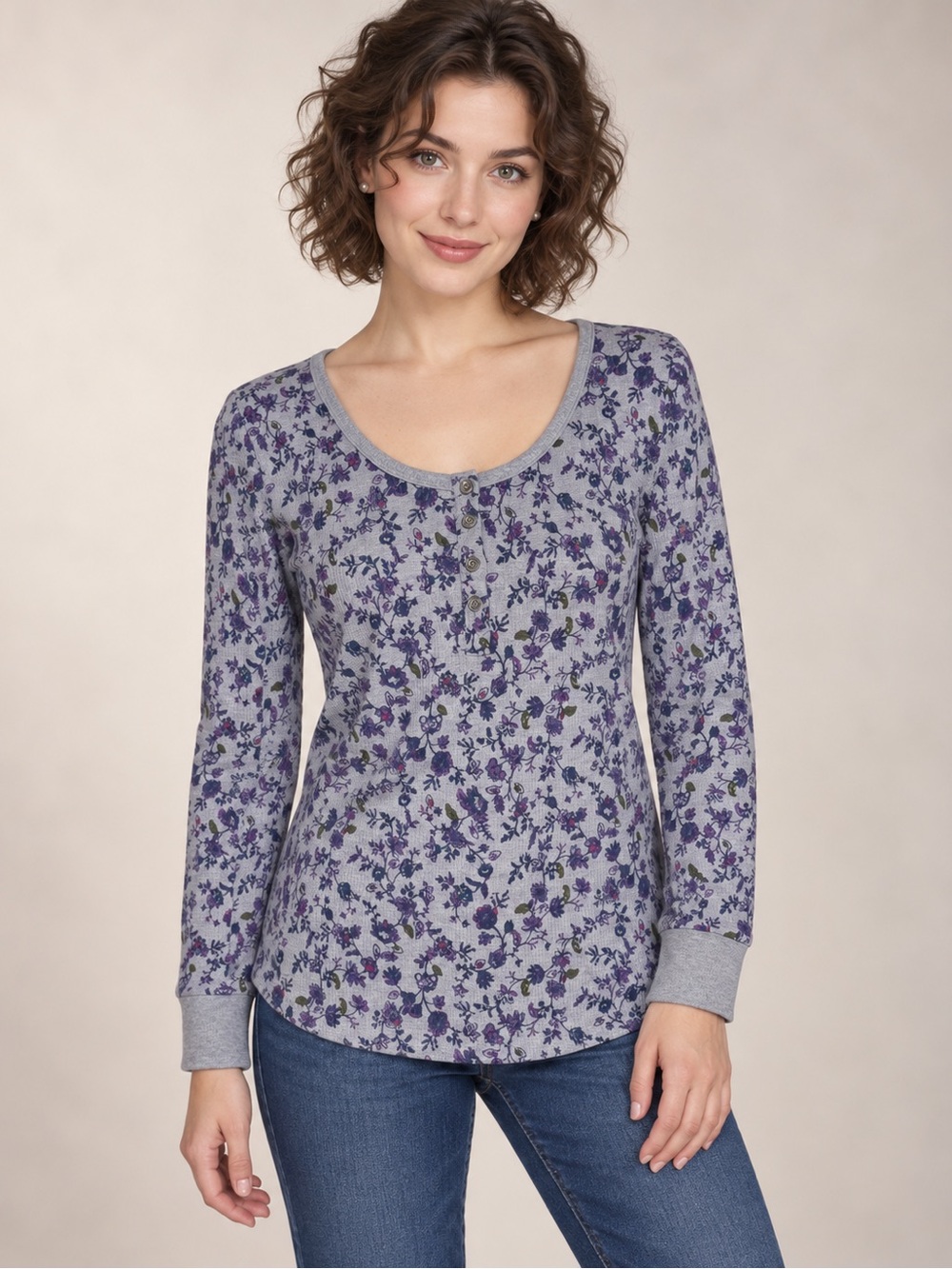 Eddie Bauer Infinity Thermal Henley Waffle Knit Top Gray Purple Floral M NWT
